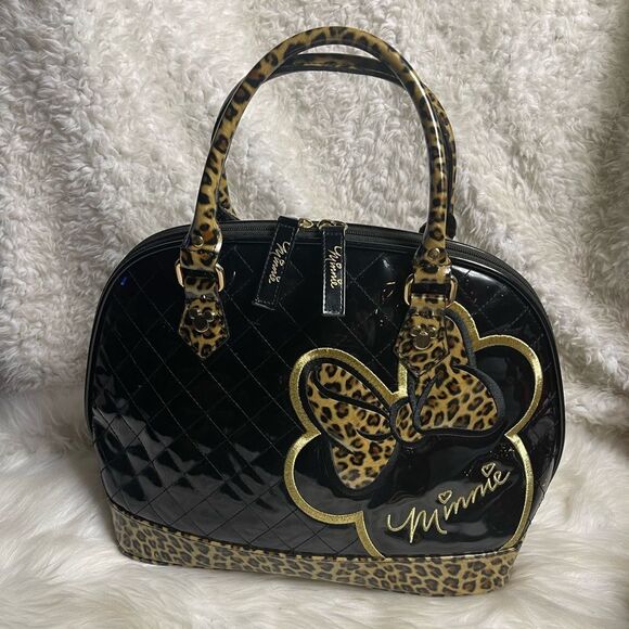 Loungefly Disney Minnie Mouse Dome Satchel synthetic patent black& leopard print - Picture 1 of 16